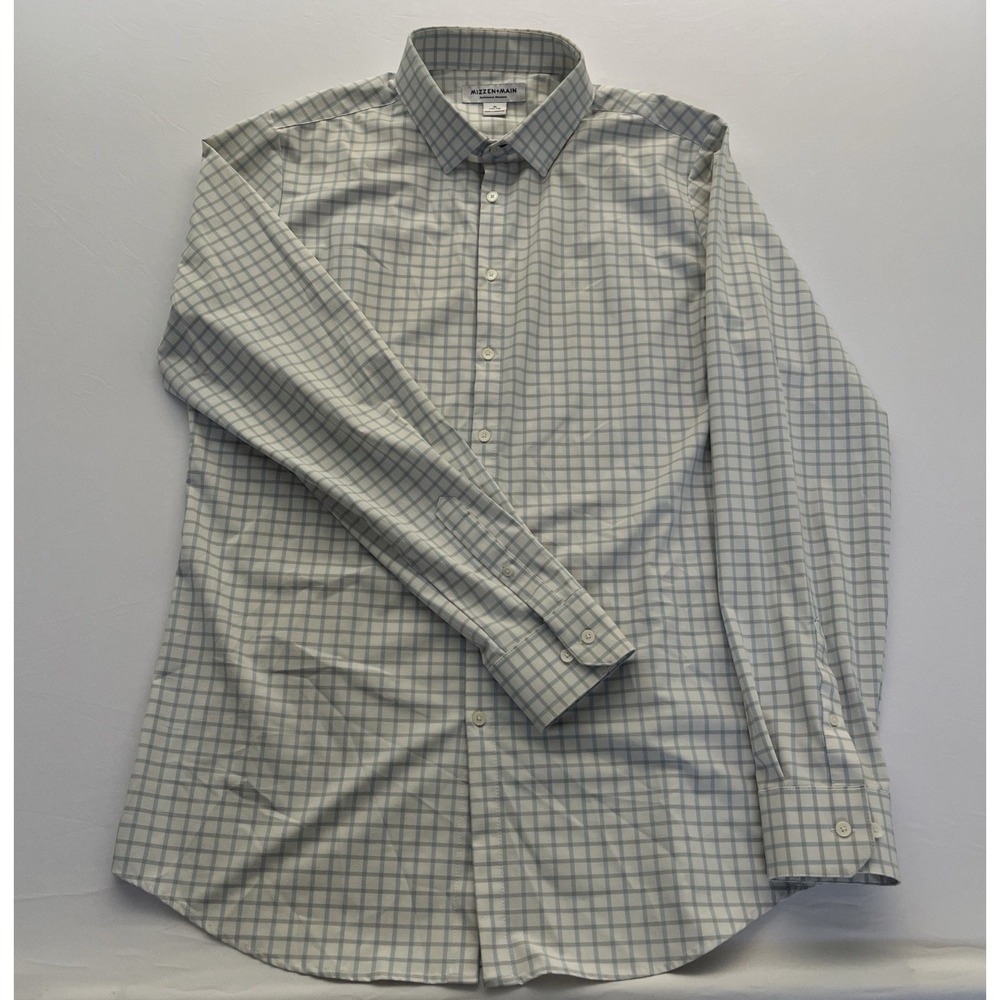 Mizzen + Main Button Up Shirt Men's XL Trim Tall White Blue Check Performance